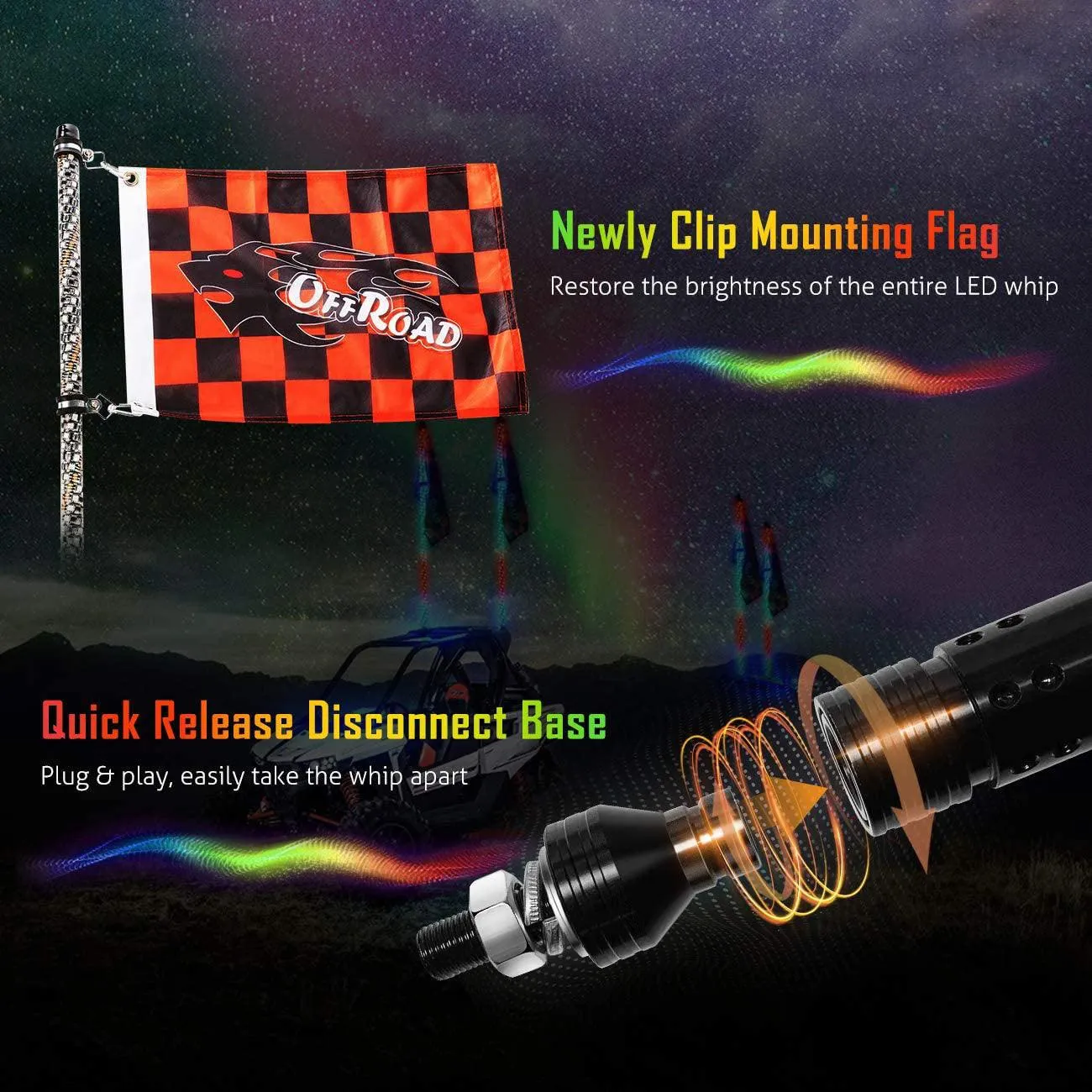 3FT RGB LED Whip Light Rotating Color Changing Flag Pole with Remote Control