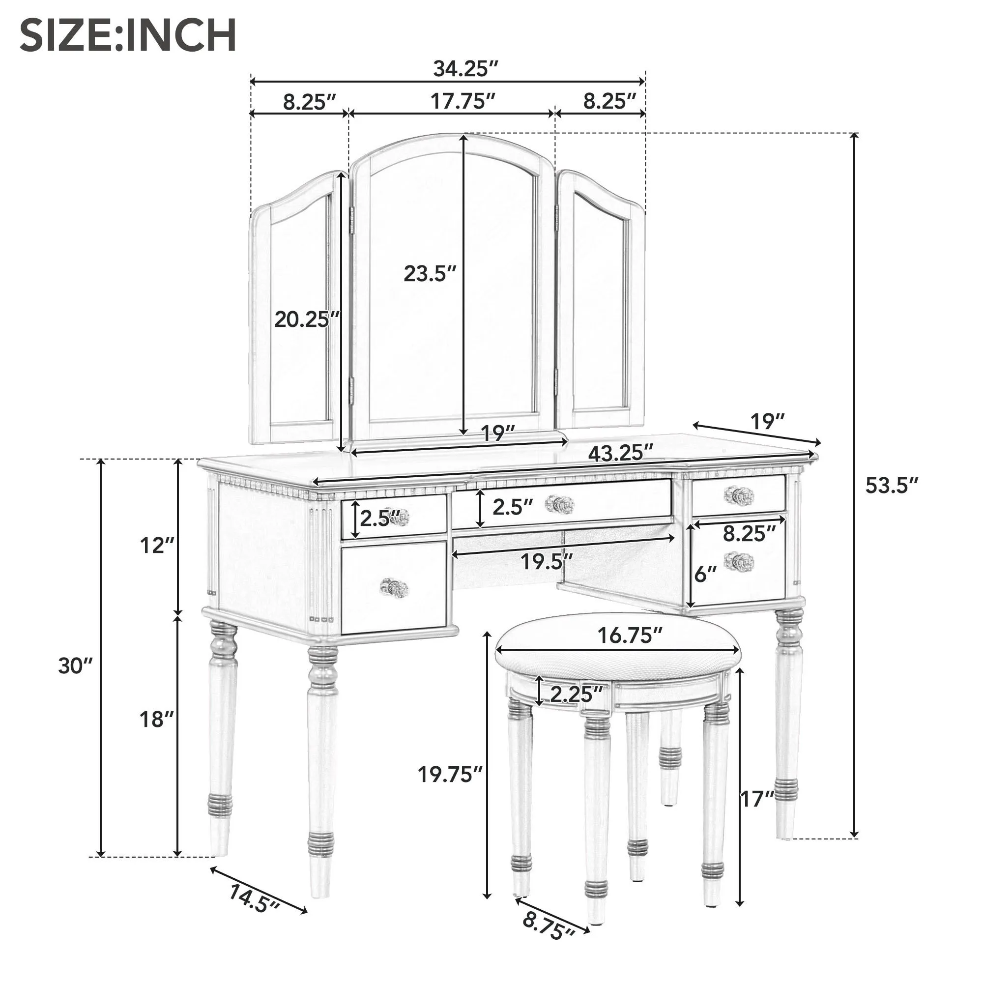 43" Dressing Table Set with Mirrored Drawers and Stool, Tri-fold Mirror, Makeup Vanity Set for Bedroom, Rose Gold