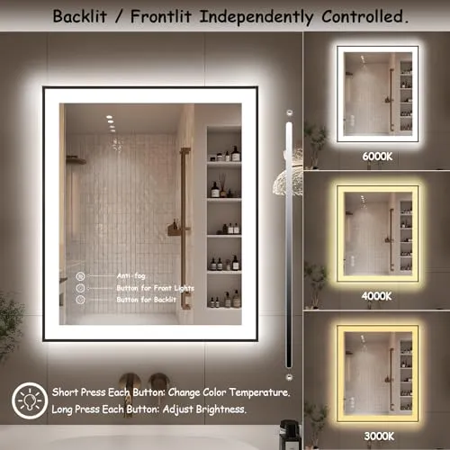 44x32 LED Bathroom Mirror with Black Frame, Dimmable Vanity Mirror with Lights for Wall, Backlit and Front Lighted, Memory, Anti-Fog (Horizontal/Vertical)