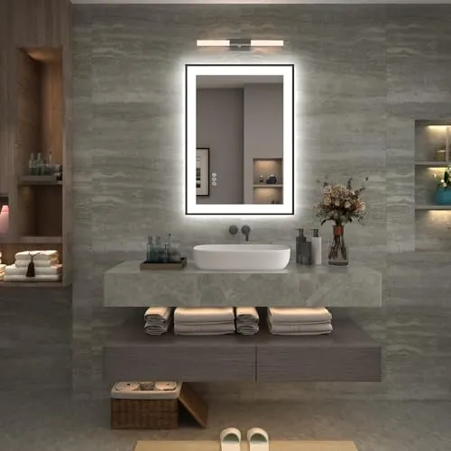 44x32 LED Bathroom Mirror with Black Frame, Dimmable Vanity Mirror with Lights for Wall, Backlit and Front Lighted, Memory, Anti-Fog (Horizontal/Vertical)