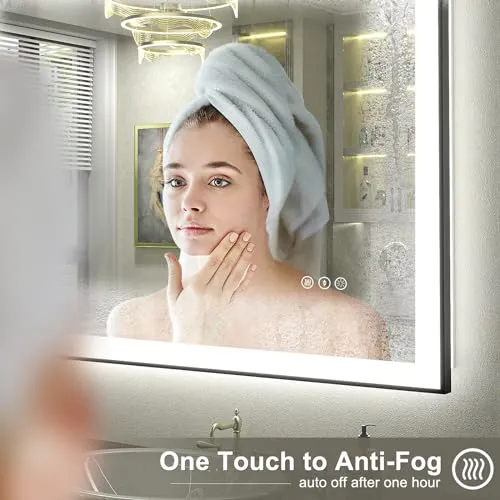 44x32 LED Bathroom Mirror with Black Frame, Dimmable Vanity Mirror with Lights for Wall, Backlit and Front Lighted, Memory, Anti-Fog (Horizontal/Vertical)