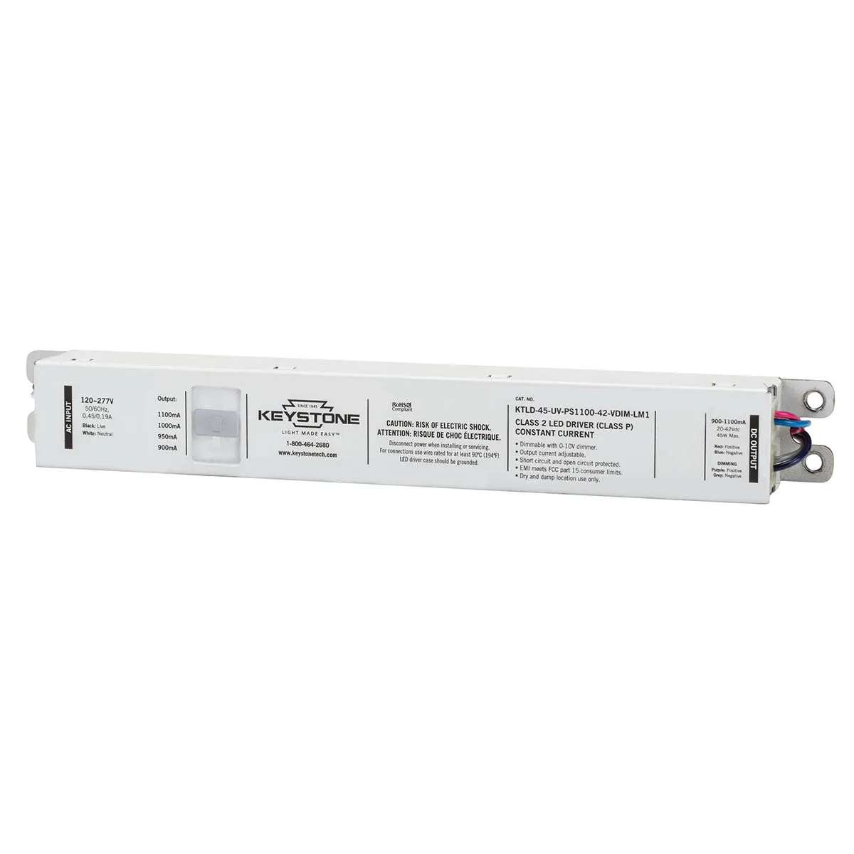 45 Watts LED Driver, Selectable Current 900-1100mA, 0-10V Dimming, 120-277V