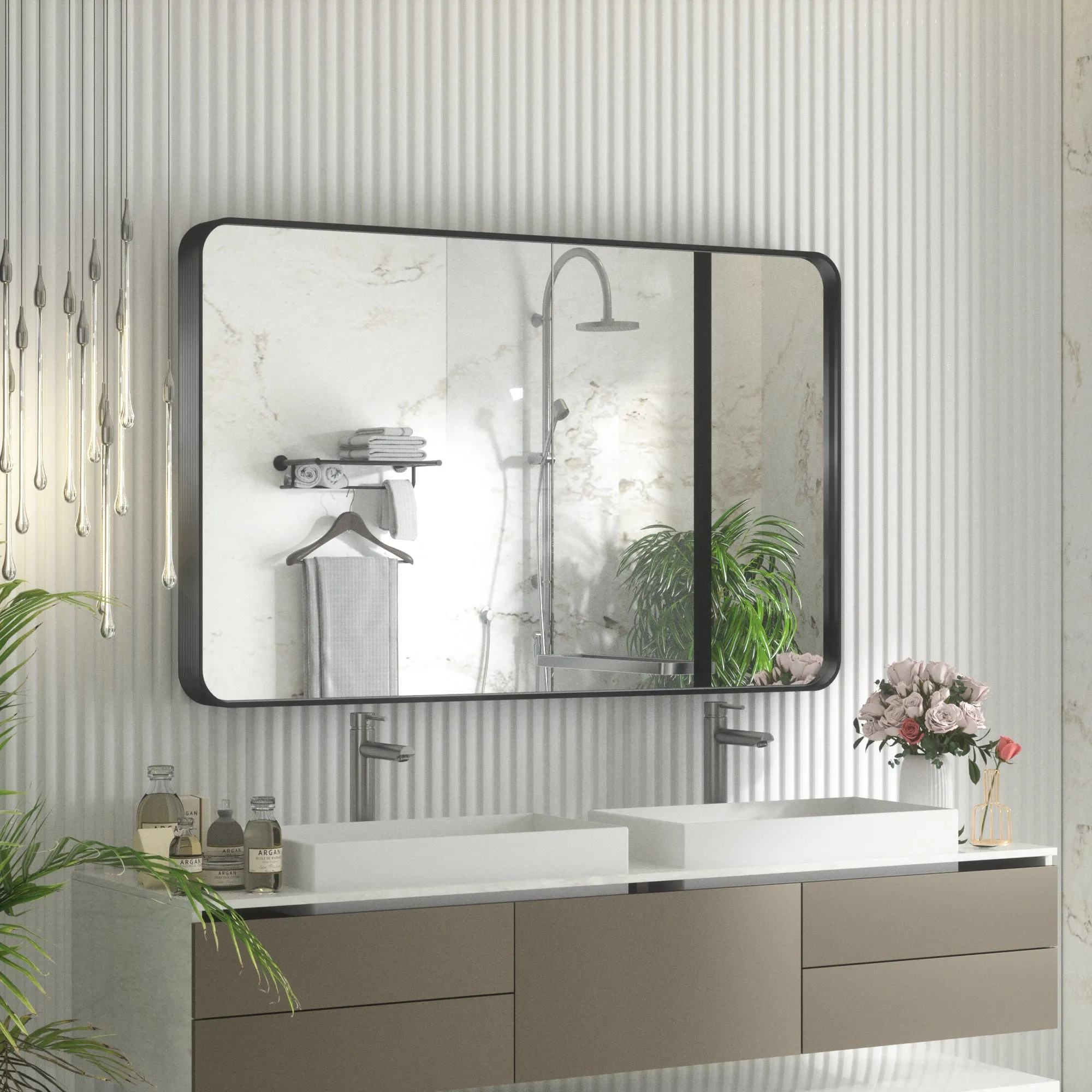 48" x 30" PILOCOS Modern Exquisite Bathroom Brushed Striped Metal Frame Mirror (Horizontal/Vertical )