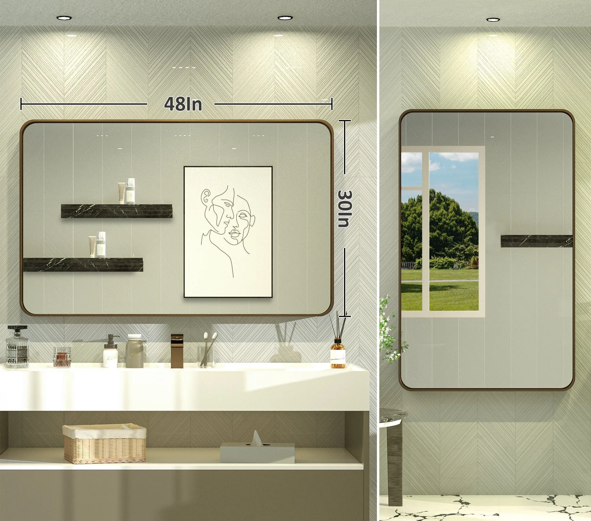 48" x 30" PILOCOS Modern Exquisite Bathroom Brushed Striped Metal Frame Mirror (Horizontal/Vertical )
