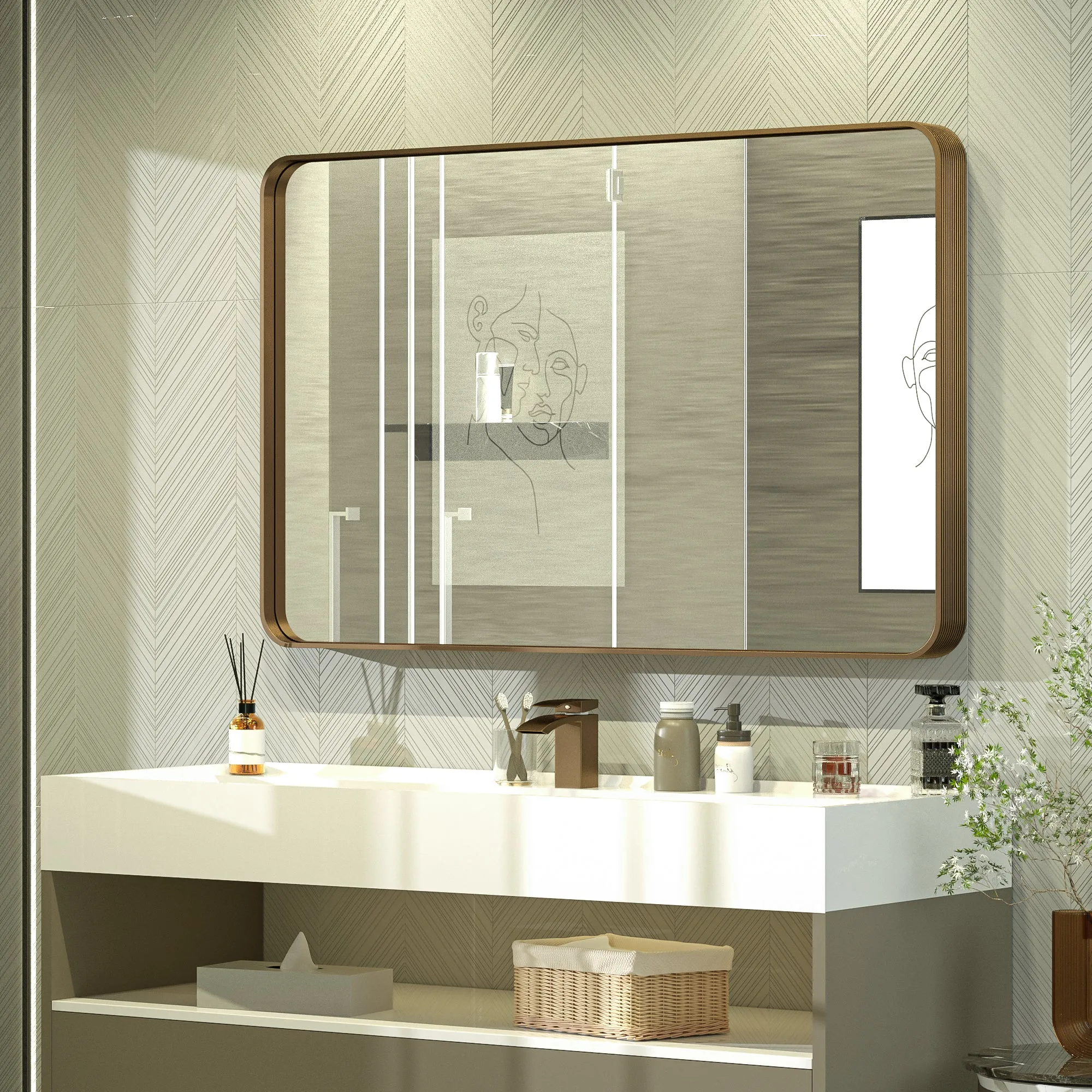 48" x 30" PILOCOS Modern Exquisite Bathroom Brushed Striped Metal Frame Mirror (Horizontal/Vertical )