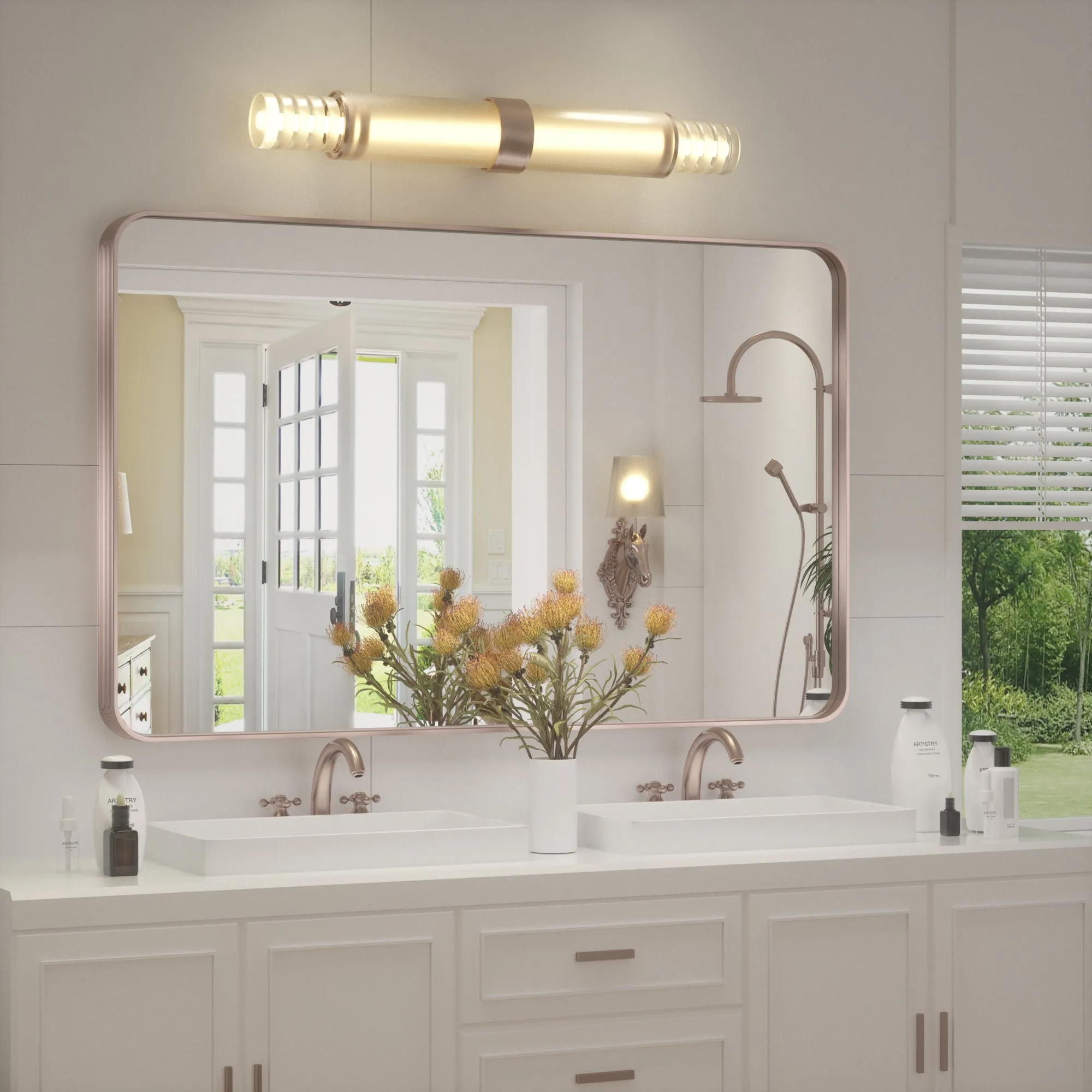 48" x 30" PILOCOS Modern Exquisite Bathroom Brushed Striped Metal Frame Mirror (Horizontal/Vertical )