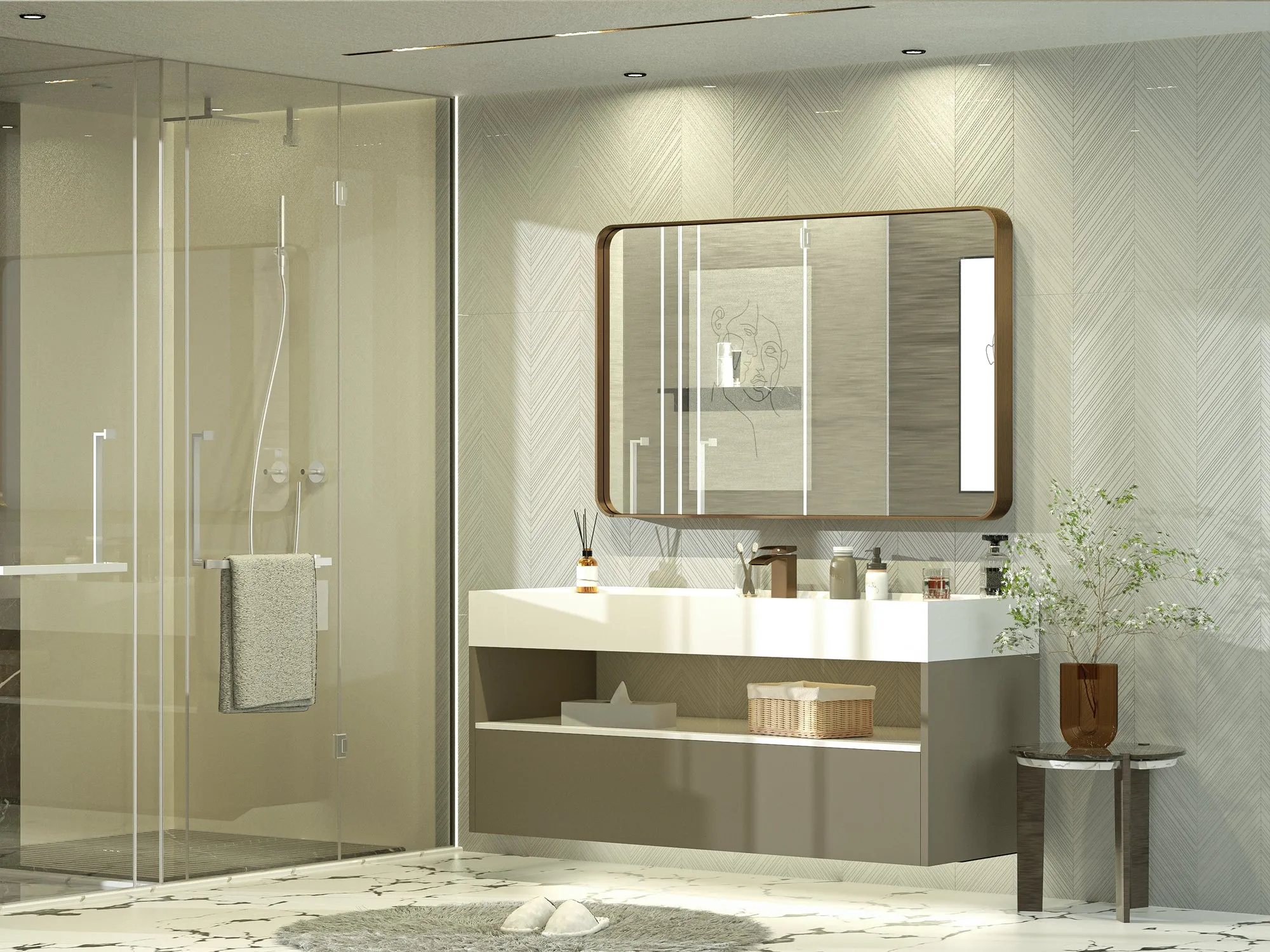 48" x 30" PILOCOS Modern Exquisite Bathroom Brushed Striped Metal Frame Mirror (Horizontal/Vertical )
