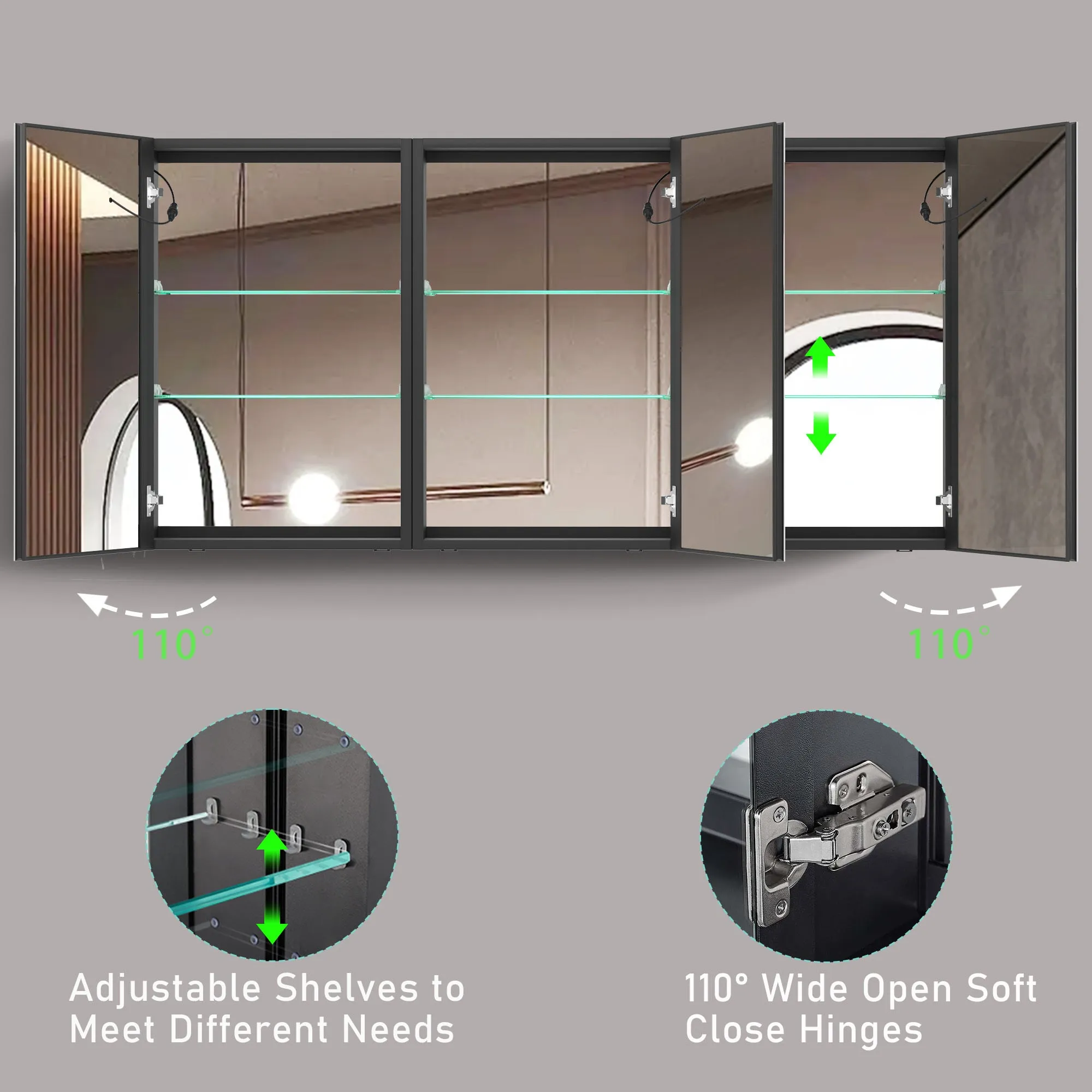 60x30 Inch LED Bathroom Medicine Cabinet Surface Mount Double Door Lighted Medicine Cabinet, Medicine Cabinets for Bathroom with Mirror Defogging, Dimmer Black