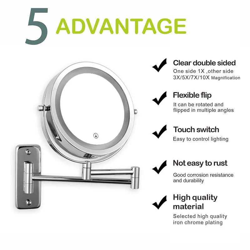 7 Inch Folding Arm Extend Double Side Bathroom Mirror With LED Light