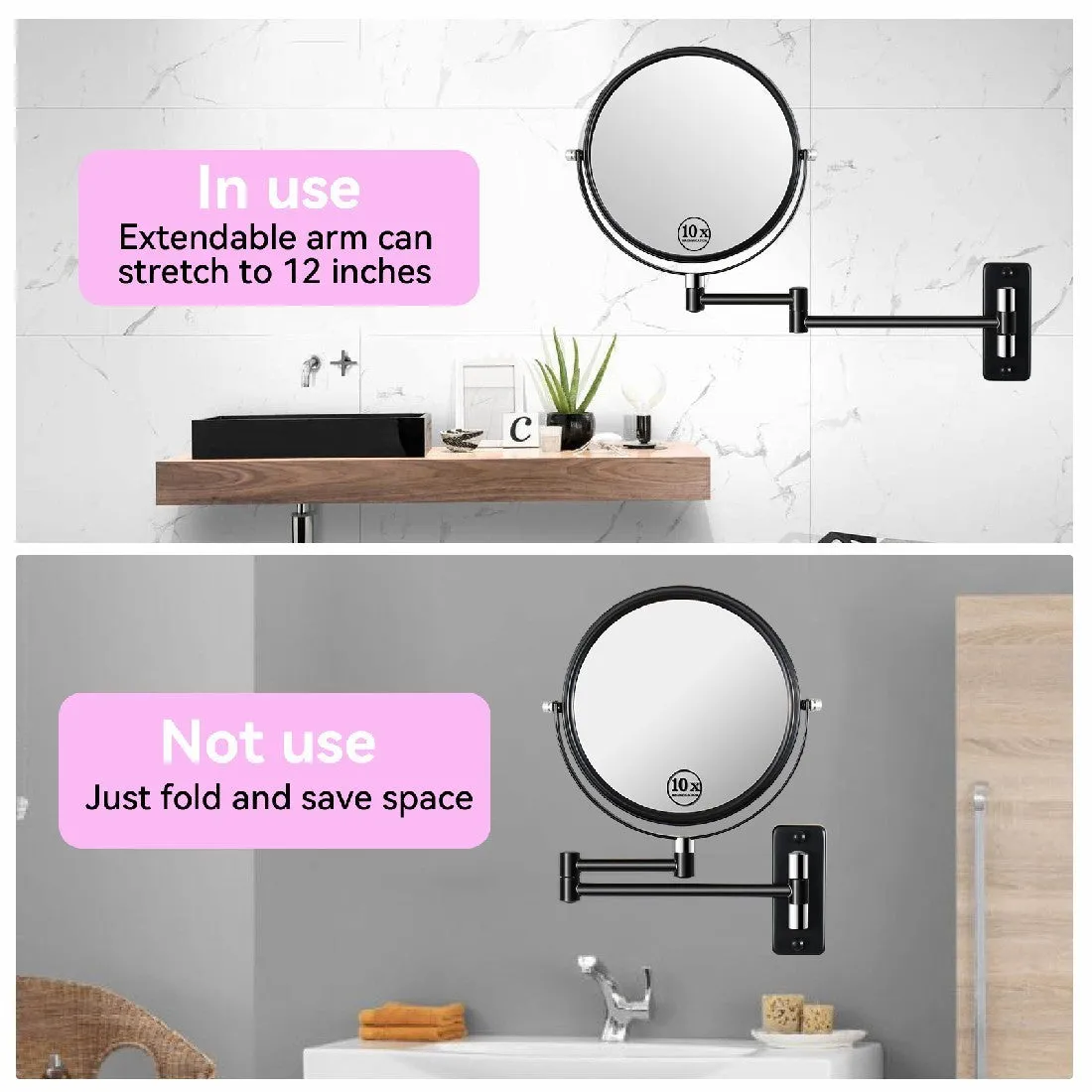8-inch Wall Mounted Makeup Vanity Mirror, 1X / 10X Magnification Mirror, 360° Swivel with Extension Arm (Black&Chrome)