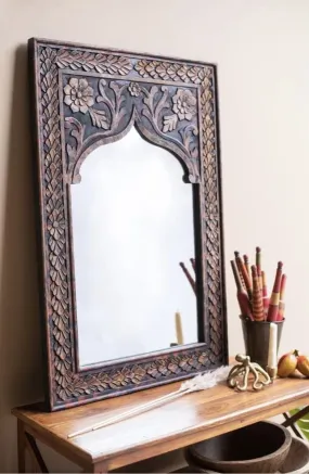 Aafiyat Wall jharoka Mount Wood Hand Crafted Oval Shape Vanity Mirror for Living Room Multi Color 50X75 CM No Glass Only Frame