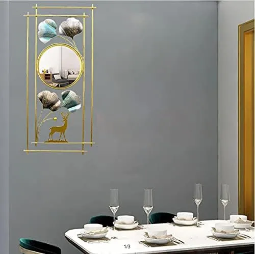 Abhsant Bathroom Mirror, 3DMetal Ginkgo Leaf & Deer Design Wall Mounted Mirror, Vanity Wall Mirror Metal Frame for Bedroom,Entryway,Living Room