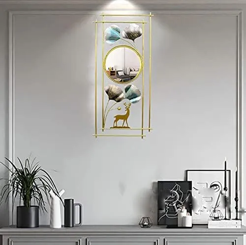 Abhsant Bathroom Mirror, 3DMetal Ginkgo Leaf & Deer Design Wall Mounted Mirror, Vanity Wall Mirror Metal Frame for Bedroom,Entryway,Living Room