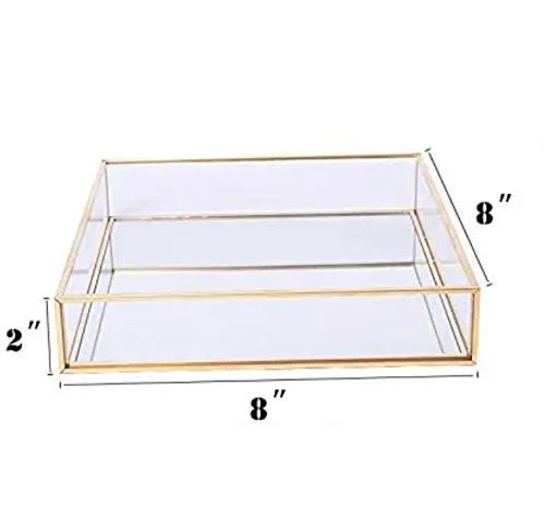 A.H Royal Art A.H Royal Decorative Glass Mirror Vanity Square Tray With Brass Rim For Home Decor Jewelry Organizer ( 8X8X2 Inch, Golden)
