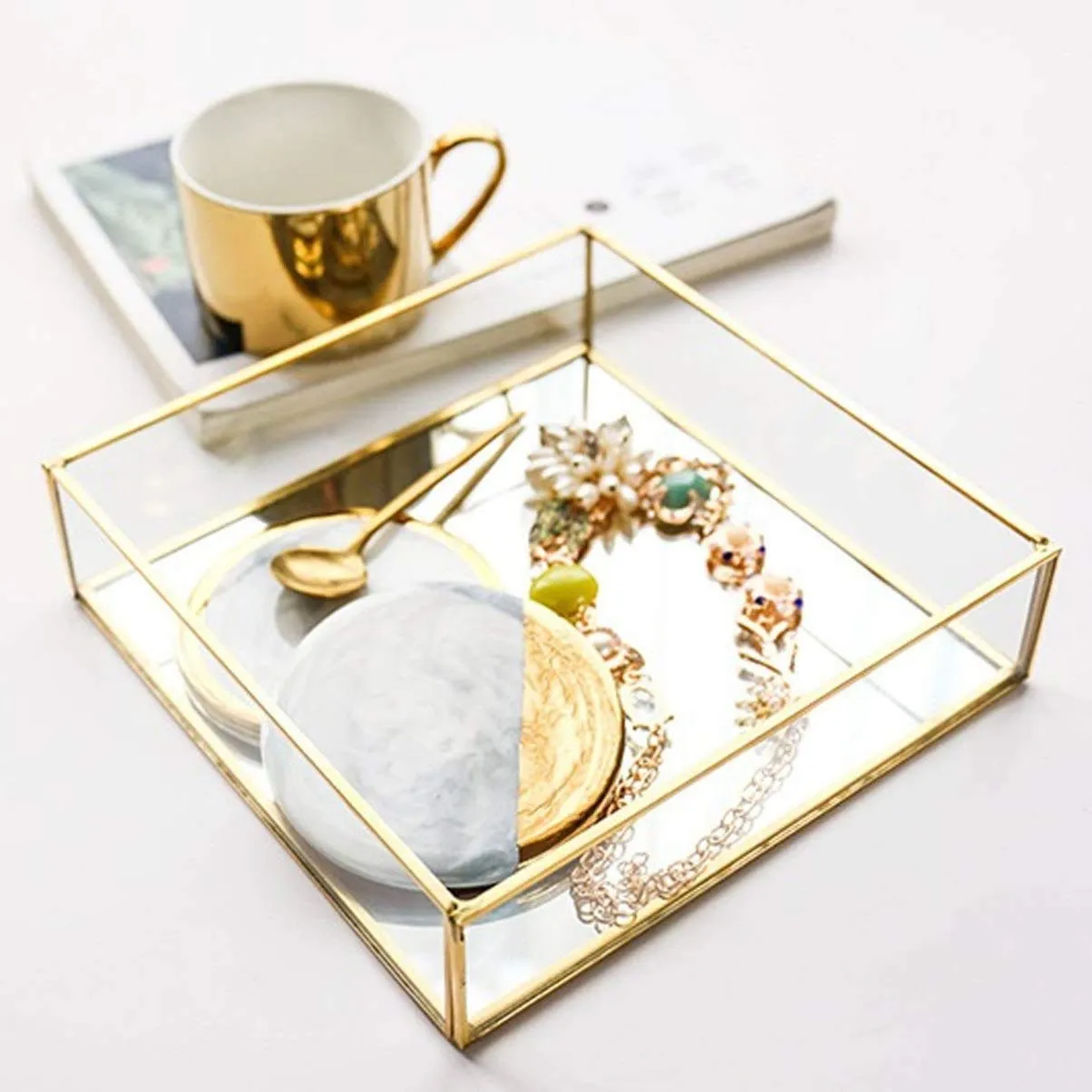 A.H Royal Art A.H Royal Decorative Glass Mirror Vanity Square Tray With Brass Rim For Home Decor Jewelry Organizer ( 8X8X2 Inch, Golden)
