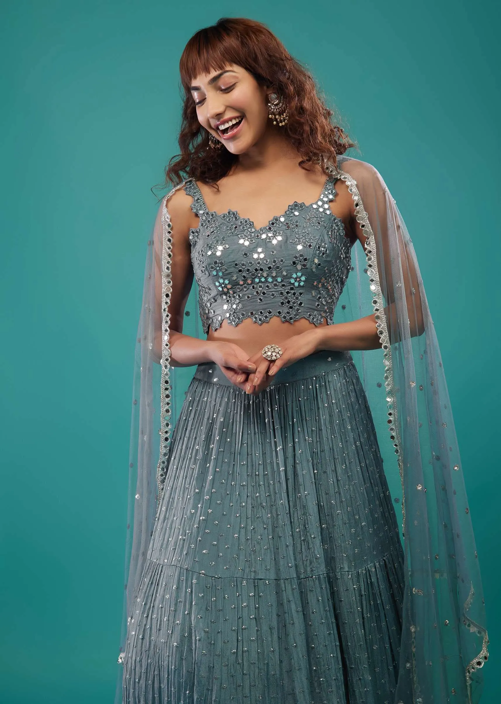 Airforce Blue Embroidered Lehenga Set In Chinon