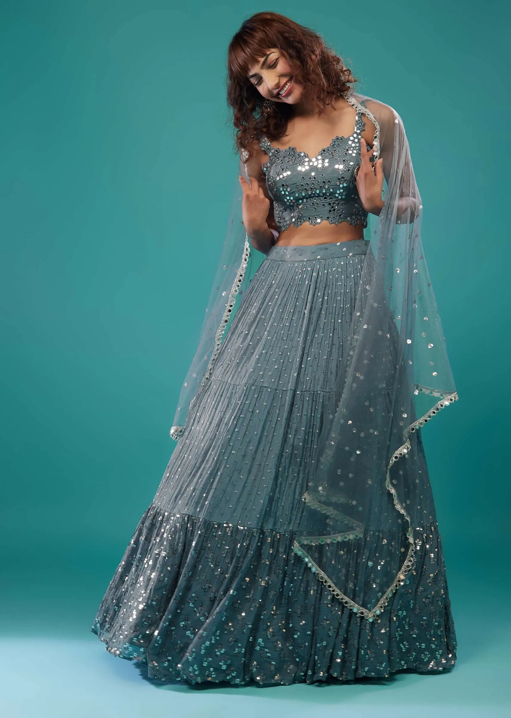 Airforce Blue Embroidered Lehenga Set In Chinon