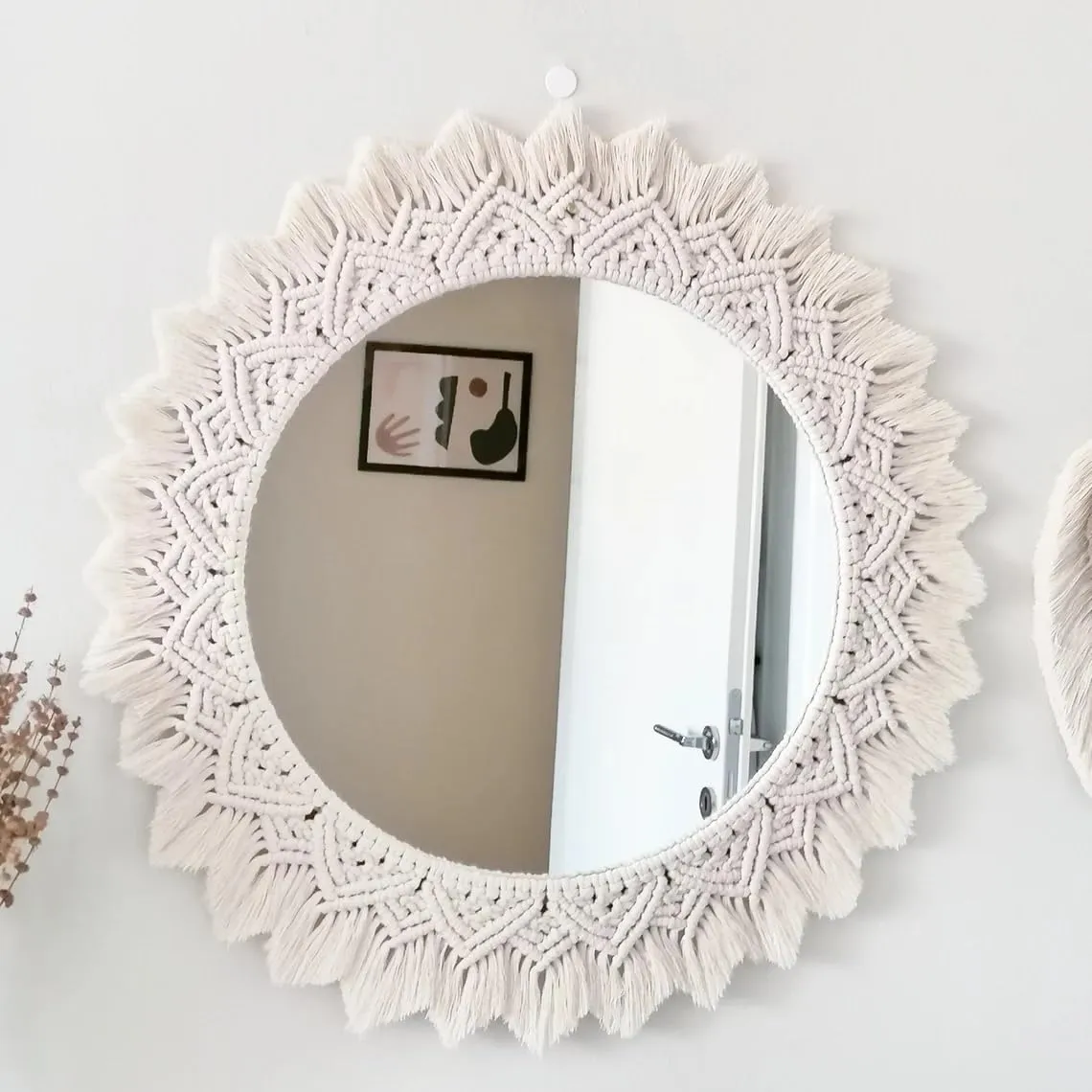 Alamcraft | Macrame Mirror for Bedroom Decor Handmade Boho Wall Hanging Aaina for Make Up Dressing and Living Room Party Home Decoration, Off-White, 17 X 17 Inches, 1 Piece