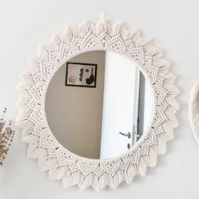 Alamcraft | Macrame Mirror for Bedroom Decor Handmade Boho Wall Hanging Aaina for Make Up Dressing and Living Room Party Home Decoration, Off-White, 17 X 17 Inches, 1 Piece