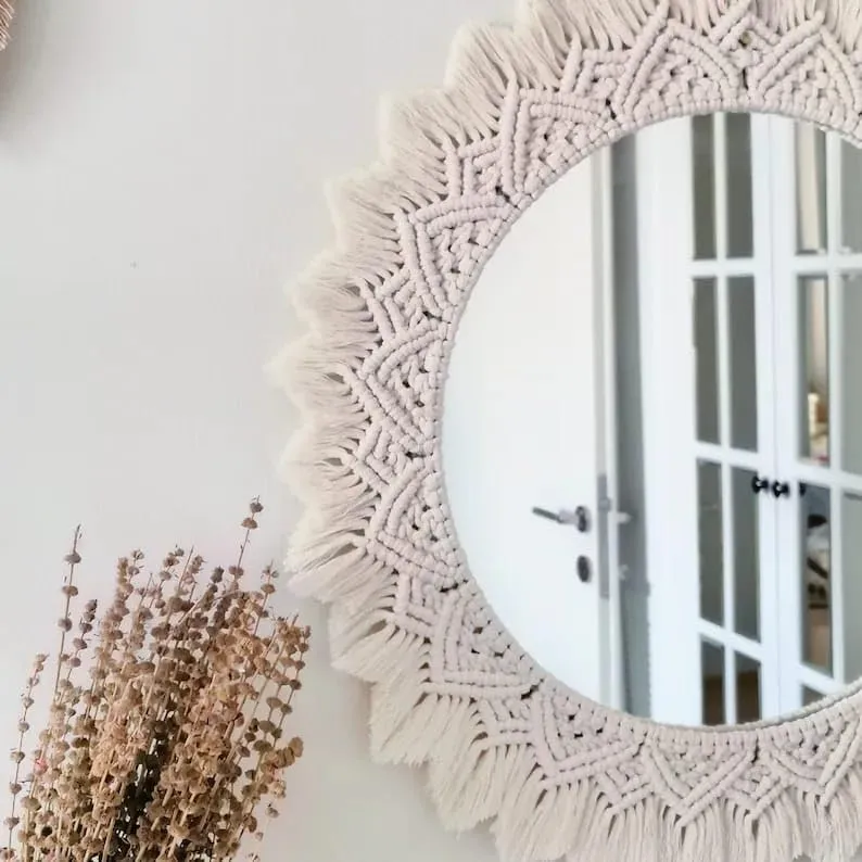 Alamcraft | Macrame Mirror for Bedroom Decor Handmade Boho Wall Hanging Aaina for Make Up Dressing and Living Room Party Home Decoration, Off-White, 17 X 17 Inches, 1 Piece