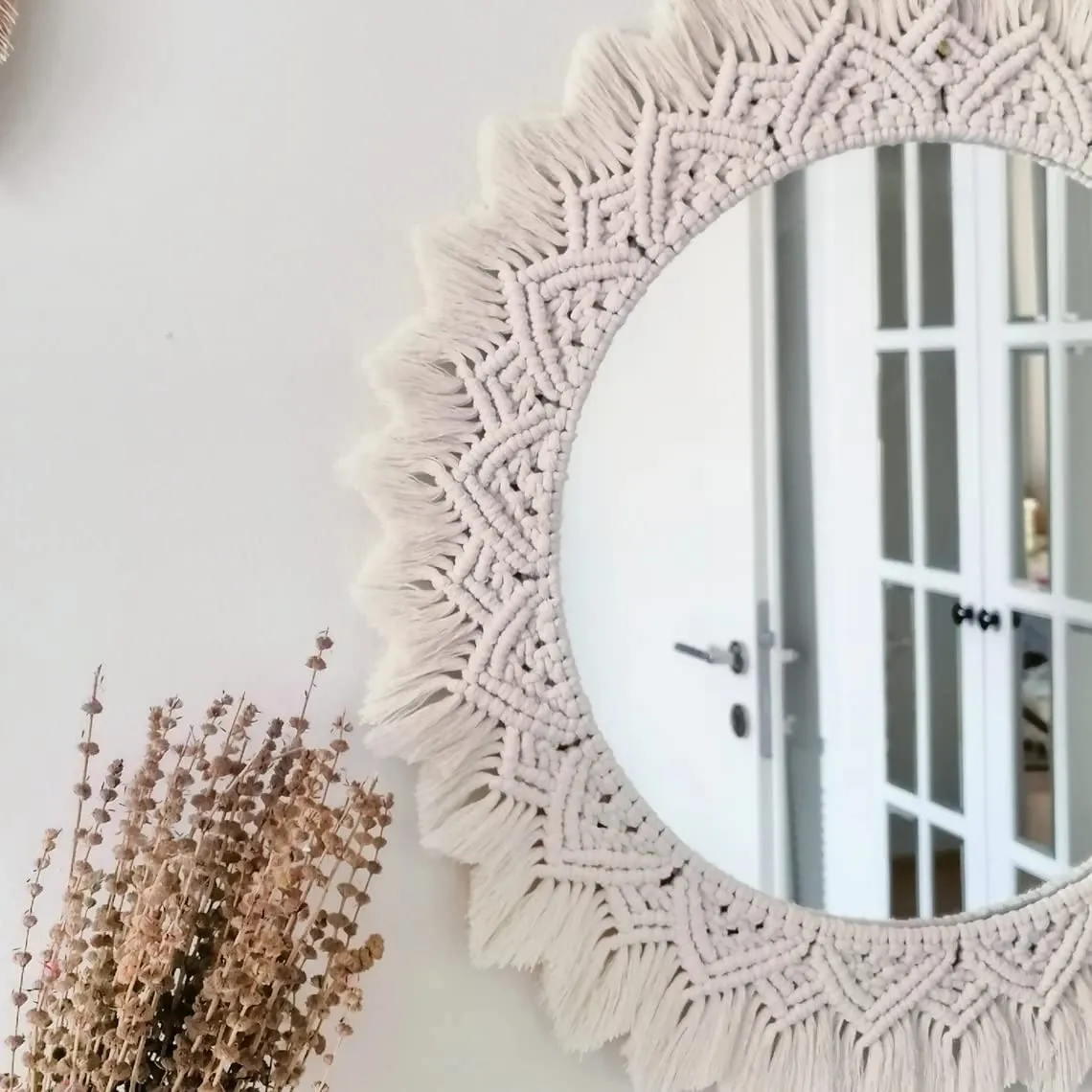 Alamcraft | Macrame Mirror for Bedroom Decor Handmade Boho Wall Hanging Aaina for Make Up Dressing and Living Room Party Home Decoration, Off-White, 17 X 17 Inches, 1 Piece