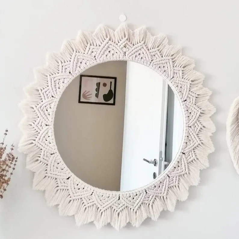 Alamcraft | Macrame Mirror for Bedroom Decor Handmade Boho Wall Hanging Aaina for Make Up Dressing and Living Room Party Home Decoration, Off-White, 17 X 17 Inches, 1 Piece