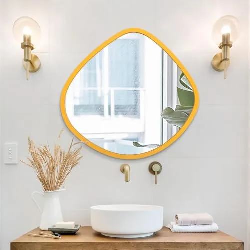 Alfa Design™ Irregular 30" inch Round Mirror with Wood Framed Circle Wall Mirror for Bathroom Vanity Living Room Bedroom Entryway Modern Wall Decor Gold Wall Mirror