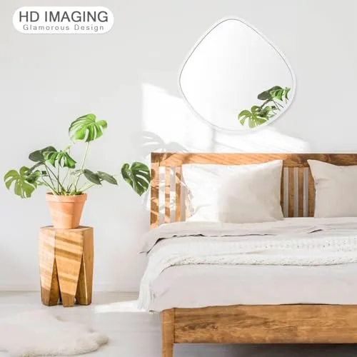 Alfa Design™ Irregular 30" inch Round Wood Mirror with Wood Framed Circle Wall Mirror for Bathroom Vanity Living Room Bedroom Entryway Modern Wall Decor White Wall Mirror