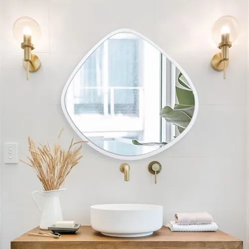 Alfa Design™ Irregular 30" inch Round Wood Mirror with Wood Framed Circle Wall Mirror for Bathroom Vanity Living Room Bedroom Entryway Modern Wall Decor White Wall Mirror