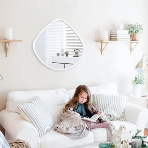 Alfa Design™ Irregular 30" inch Round Wood Mirror with Wood Framed Circle Wall Mirror for Bathroom Vanity Living Room Bedroom Entryway Modern Wall Decor White Wall Mirror