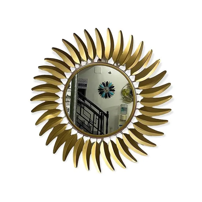 AlinaHandicraft Craft Home Decor Living and Drawing Room Round 3D Designer Mild Steel Golden Leaf Wall Mirror 28 x 28 Inch