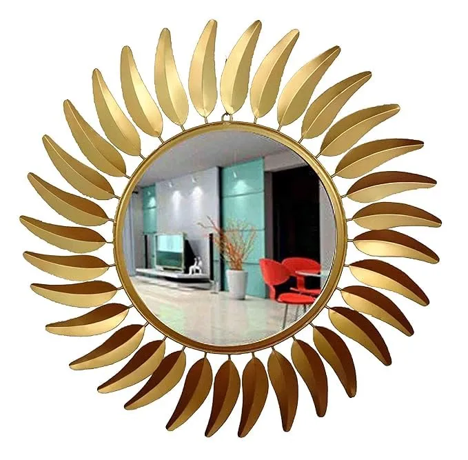Allina Handicraft Craft Home Decor, Living and Drawing Room Round 3D Designer Mild Steel Golden Leaf Wall Mirror, 31 x 31 Inch