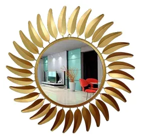 Allina Handicraft Craft Home Decor, Living and Drawing Room Round 3D Designer Mild Steel Golden Leaf Wall Mirror, 31 x 31 Inch