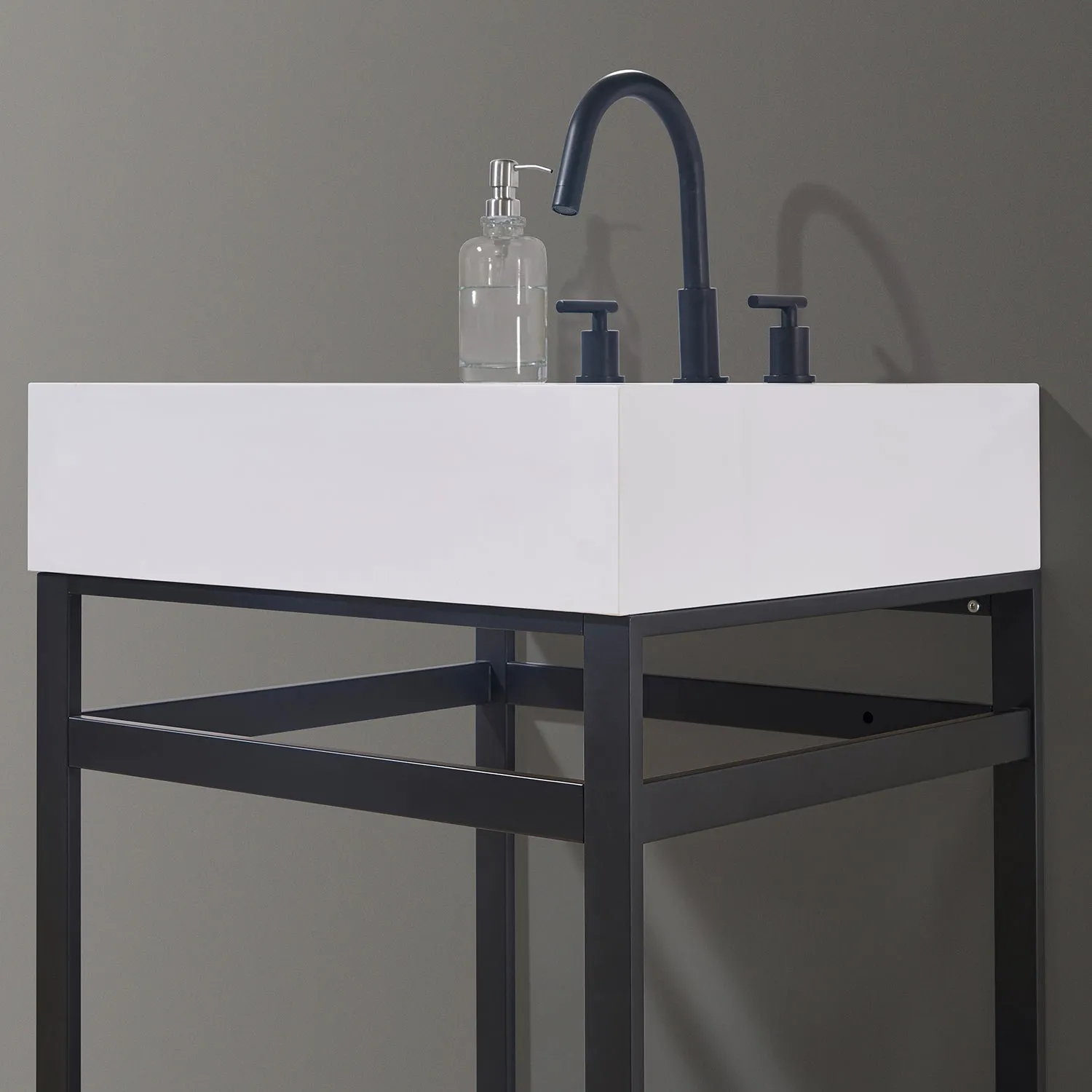 Altair Designs Edolo 24" Single Stainless Steel Vanity Console in Matte Black with Snow White -Stone Countertop - 70024-SWAP-MB-NM