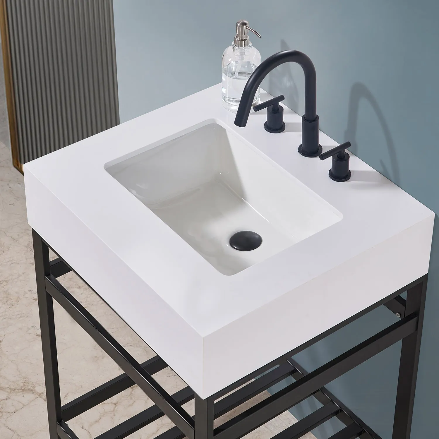 Altair Designs Edolo 24" Single Stainless Steel Vanity Console in Matte Black with Snow White -Stone Countertop - 70024-SWAP-MB-NM