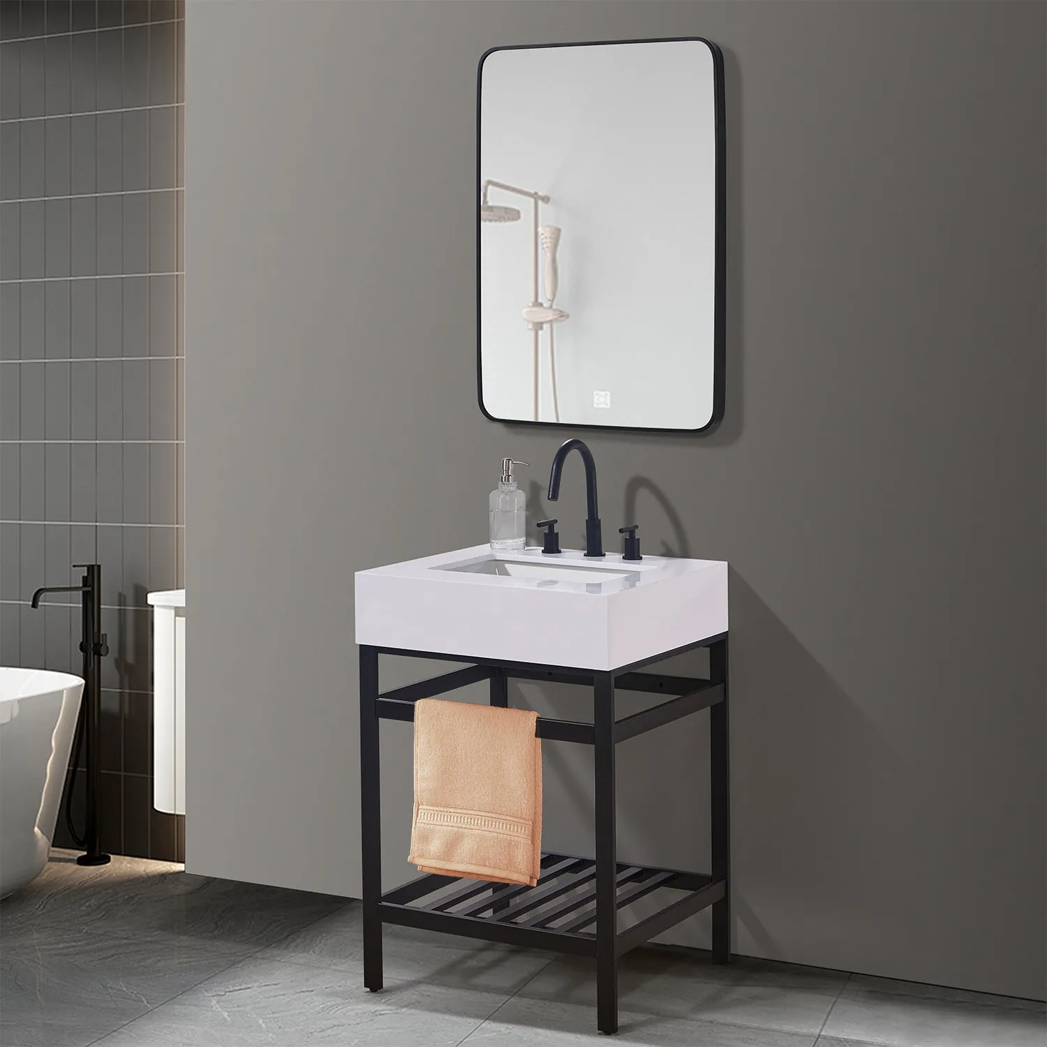 Altair Designs Edolo 24" Single Stainless Steel Vanity Console in Matte Black with Snow White -Stone Countertop - 70024-SWAP-MB-NM