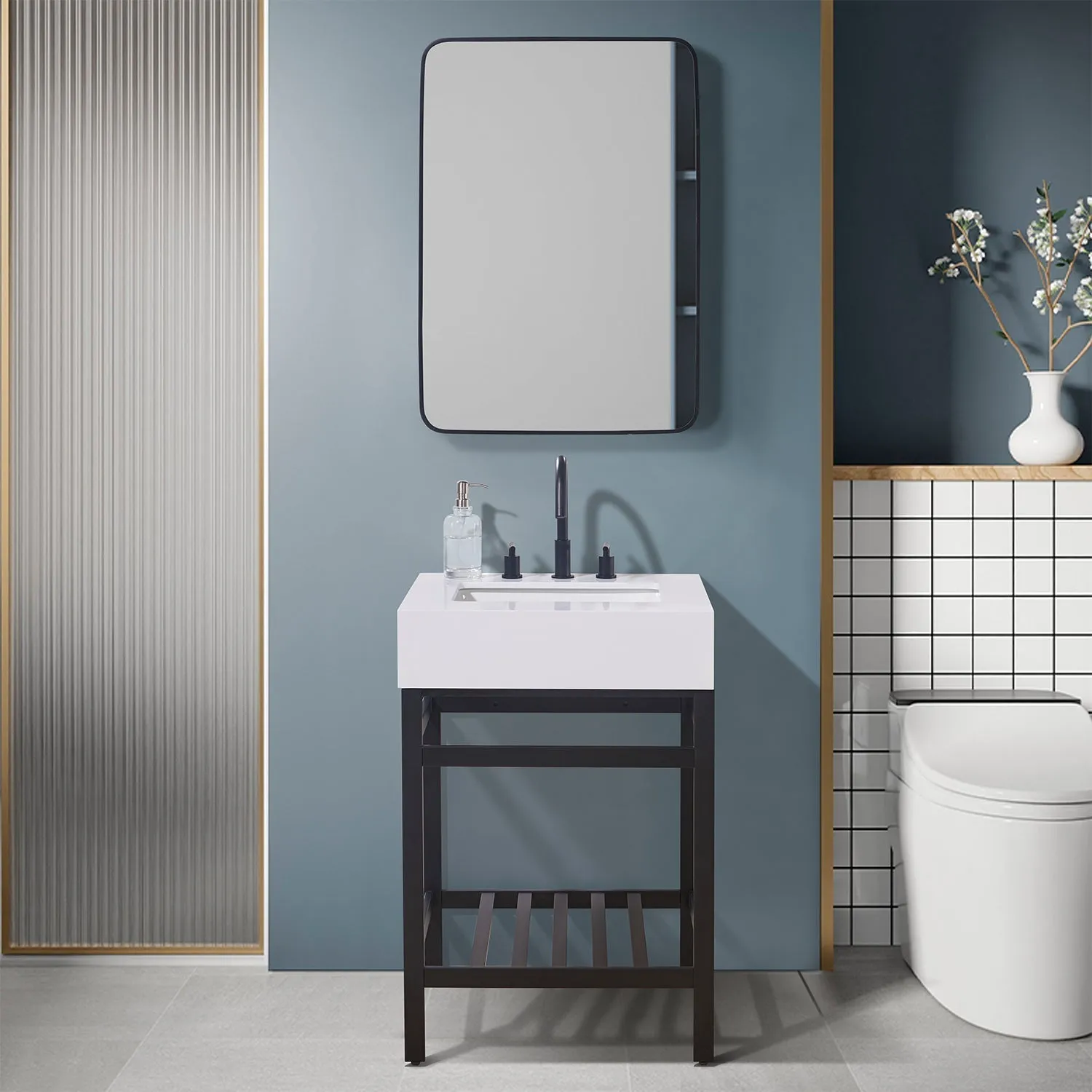 Altair Designs Edolo 24" Single Stainless Steel Vanity Console in Matte Black with Snow White -Stone Countertop - 70024-SWAP-MB-NM