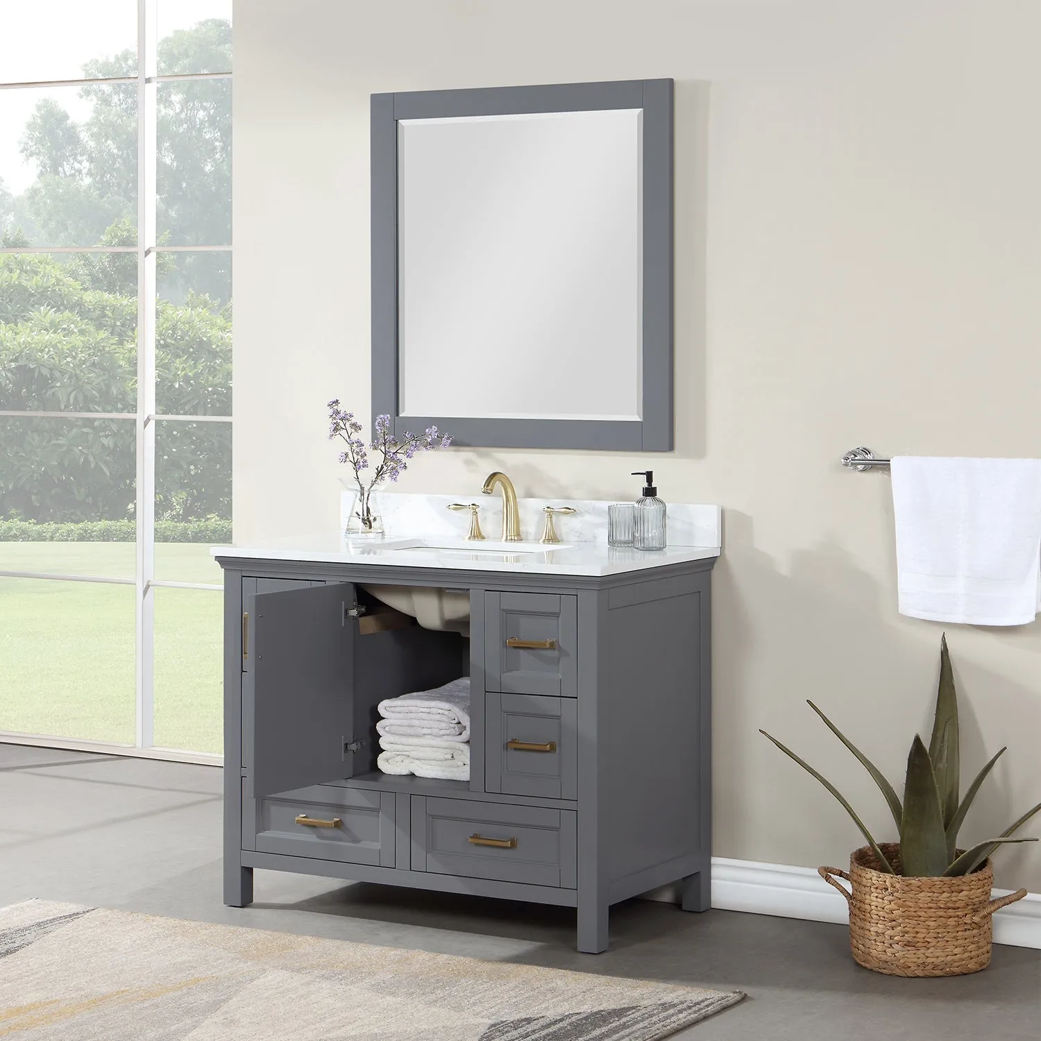 Altair Designs Isla 42" Single Bathroom Vanity Set with Composite Aosta White Stone Countertop - 538042-GR-AW-NM