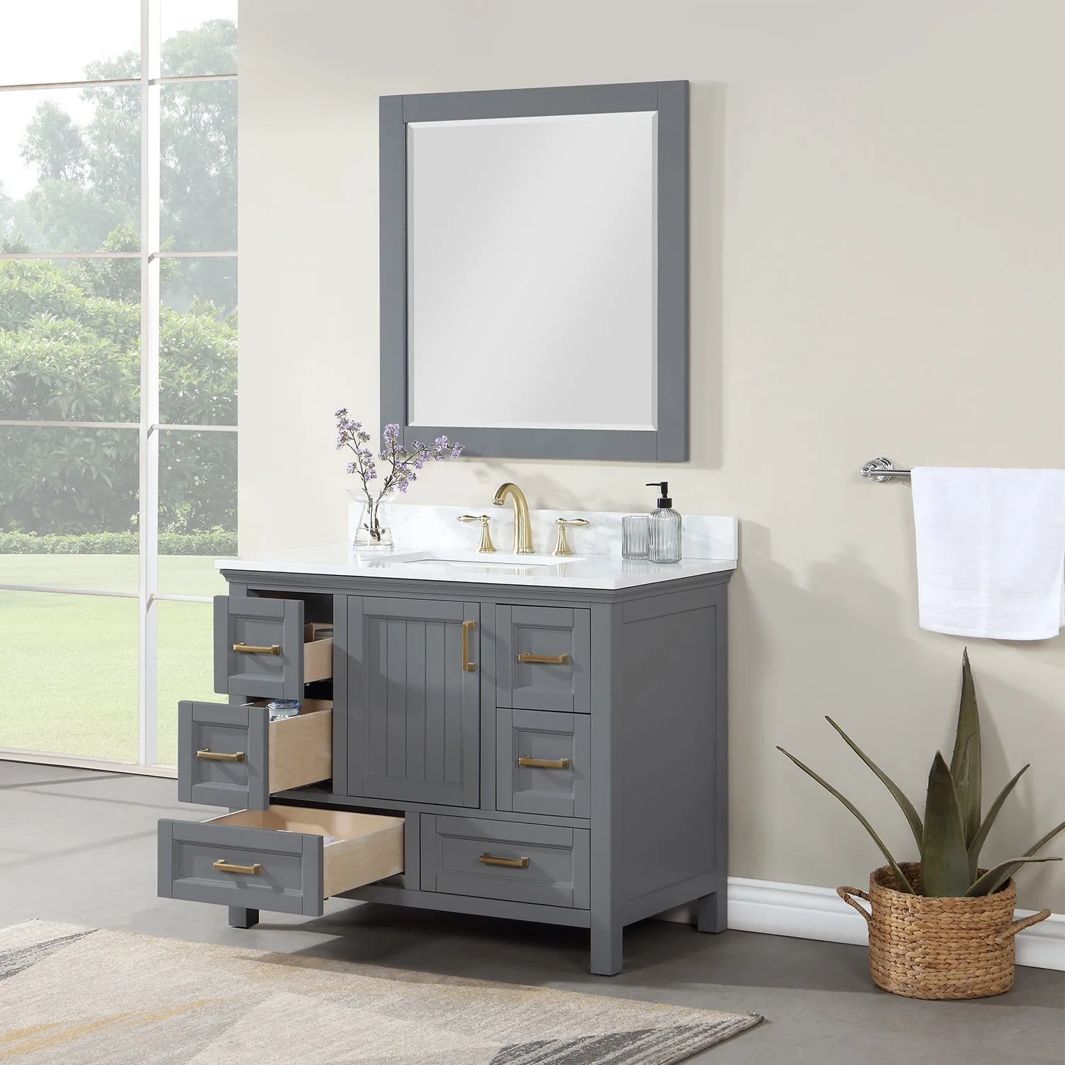 Altair Designs Isla 42" Single Bathroom Vanity Set with Composite Aosta White Stone Countertop - 538042-GR-AW-NM