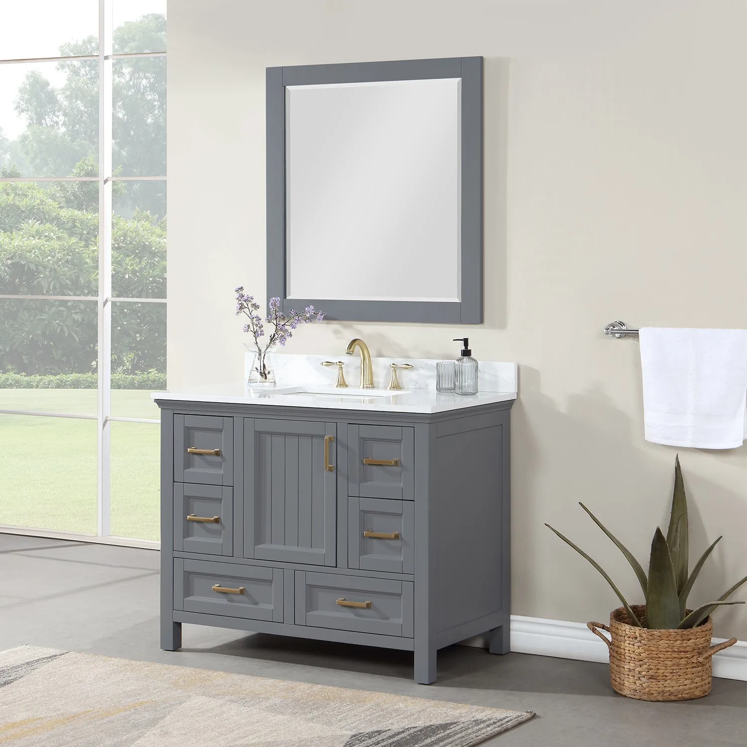 Altair Designs Isla 42" Single Bathroom Vanity Set with Composite Aosta White Stone Countertop - 538042-GR-AW-NM