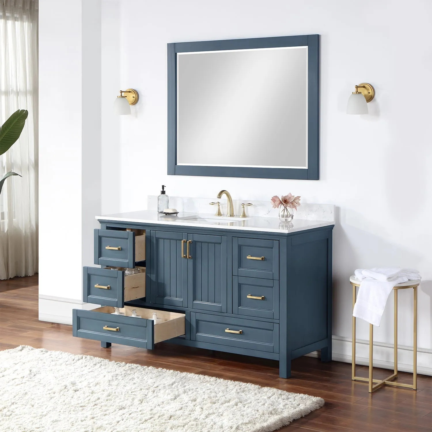 Altair Designs Isla 60" Single Bathroom Vanity Set with White Composite Aosta Marble Countertop - 538060S-WH-AW-NM
