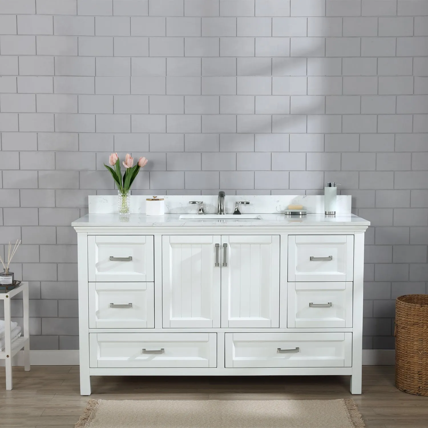 Altair Designs Isla 60" Single Bathroom Vanity Set with White Composite Aosta Marble Countertop - 538060S-WH-AW-NM