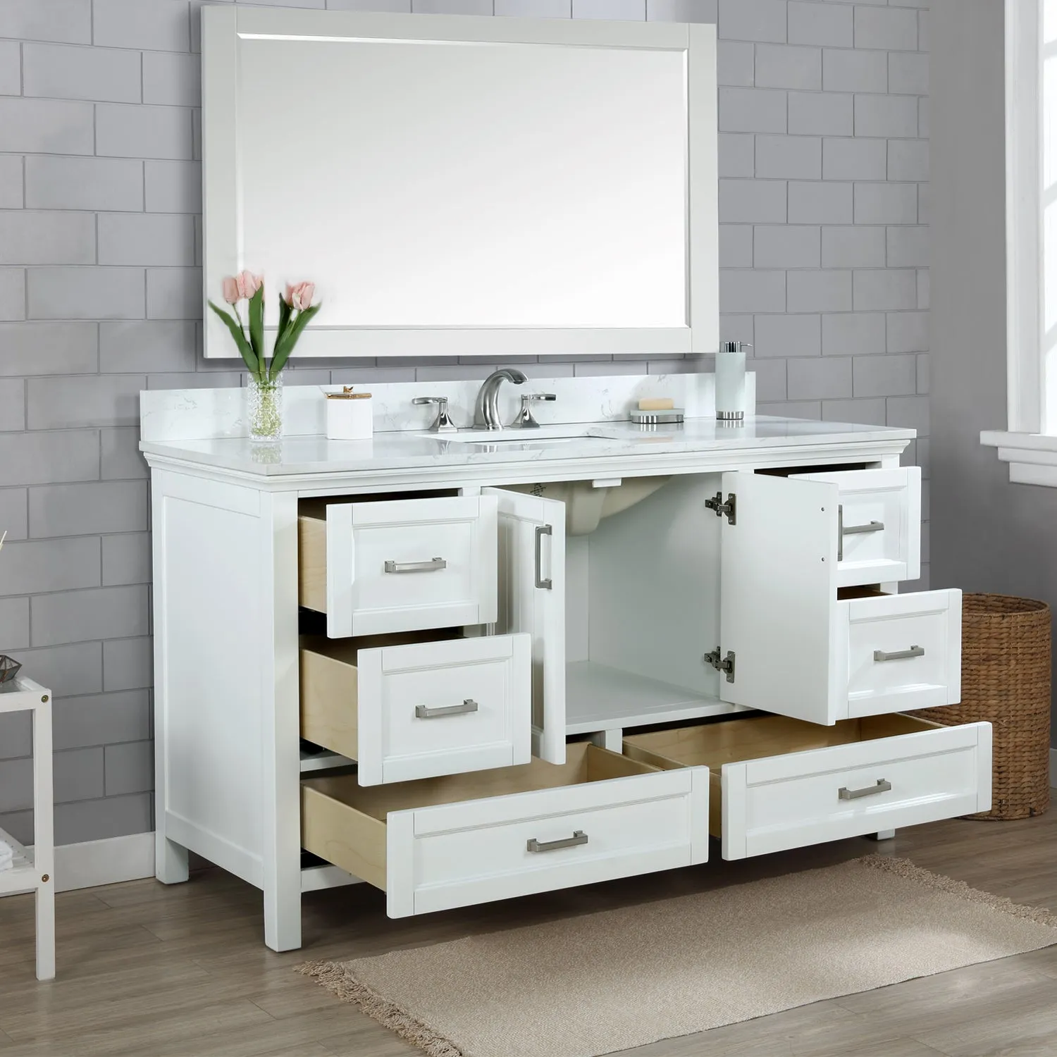 Altair Designs Isla 60" Single Bathroom Vanity Set with White Composite Aosta Marble Countertop - 538060S-WH-AW-NM