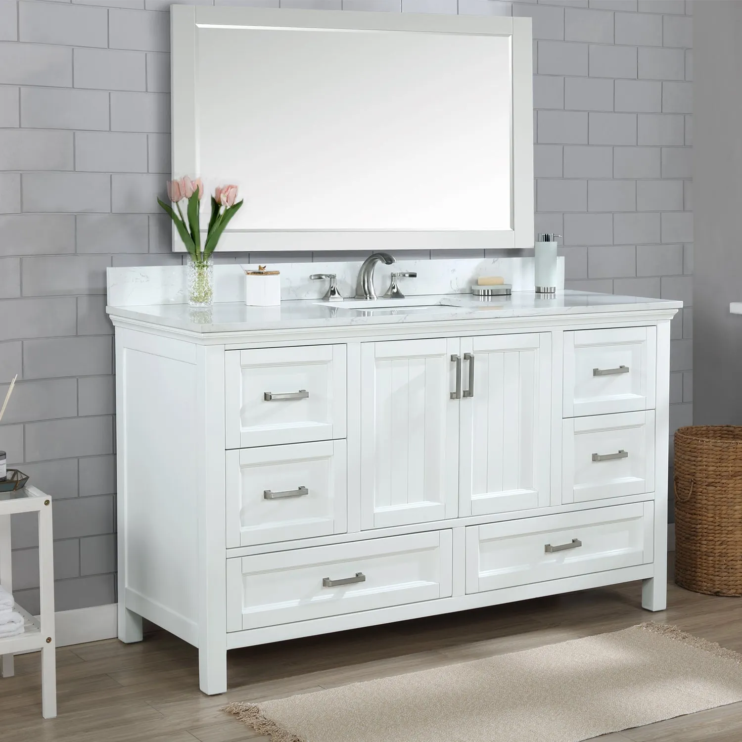 Altair Designs Isla 60" Single Bathroom Vanity Set with White Composite Aosta Marble Countertop - 538060S-WH-AW-NM
