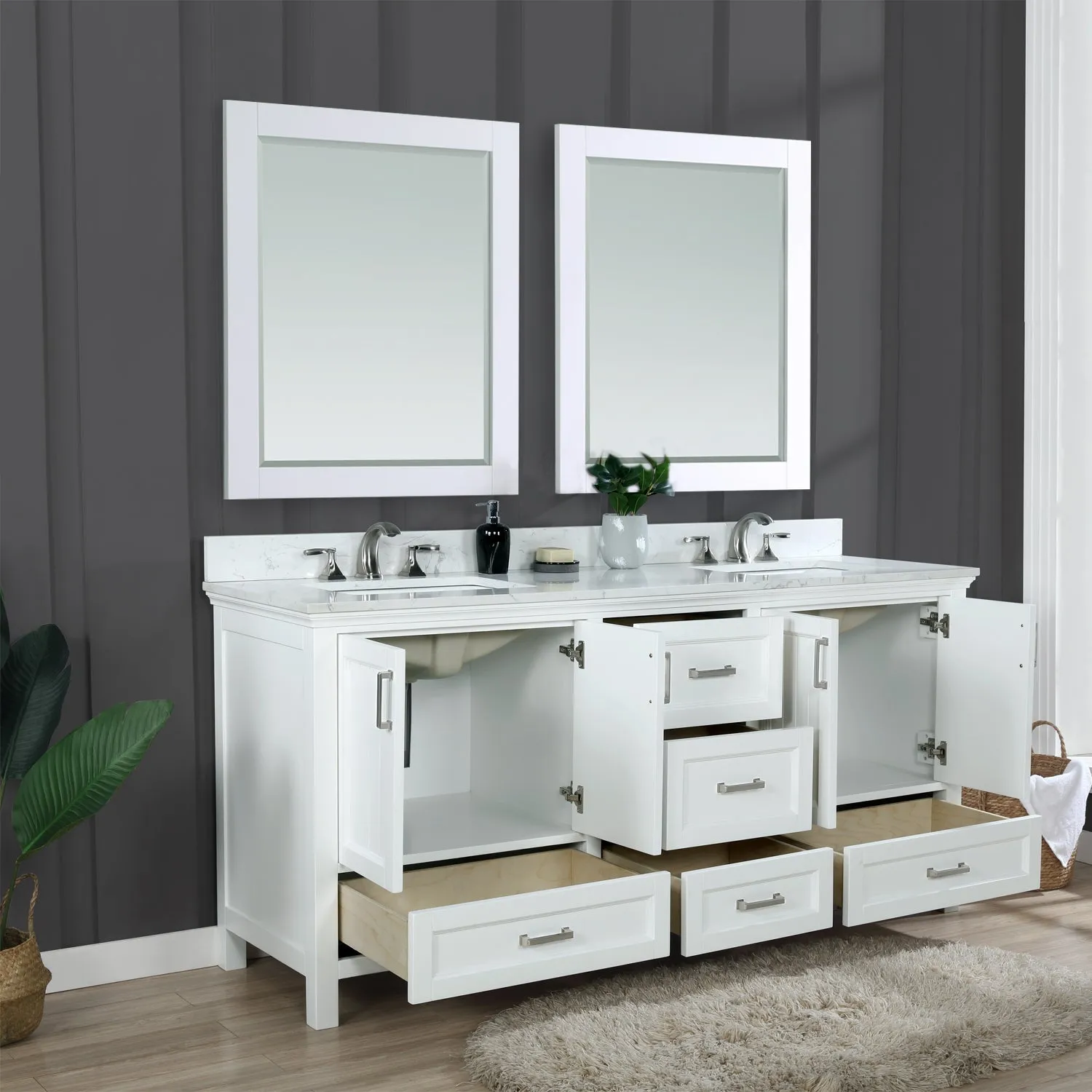 Altair Designs Isla 72" Double Bathroom Vanity Set with Aosta White Marble Countertop - 538072-WH-AW-NM