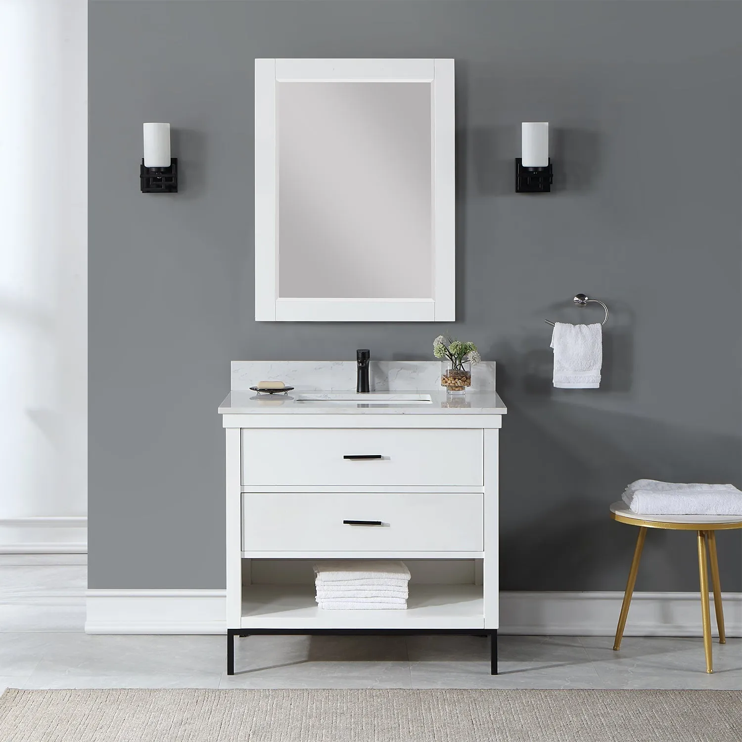 Altair Designs Kesia 36" Single Bathroom Vanity Set with Aosta White Composite Stone Countertop - 545036-WH-AW-NM