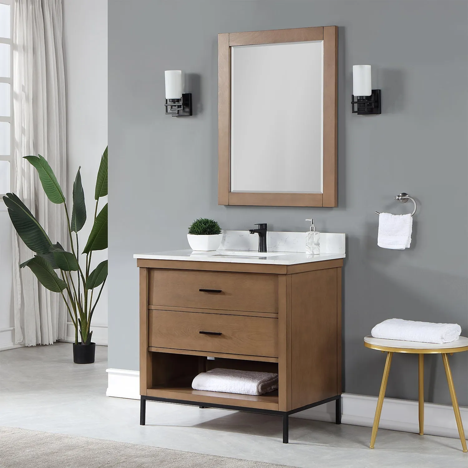 Altair Designs Kesia 36" Single Bathroom Vanity Set with Aosta White Composite Stone Countertop - 545036-WH-AW-NM