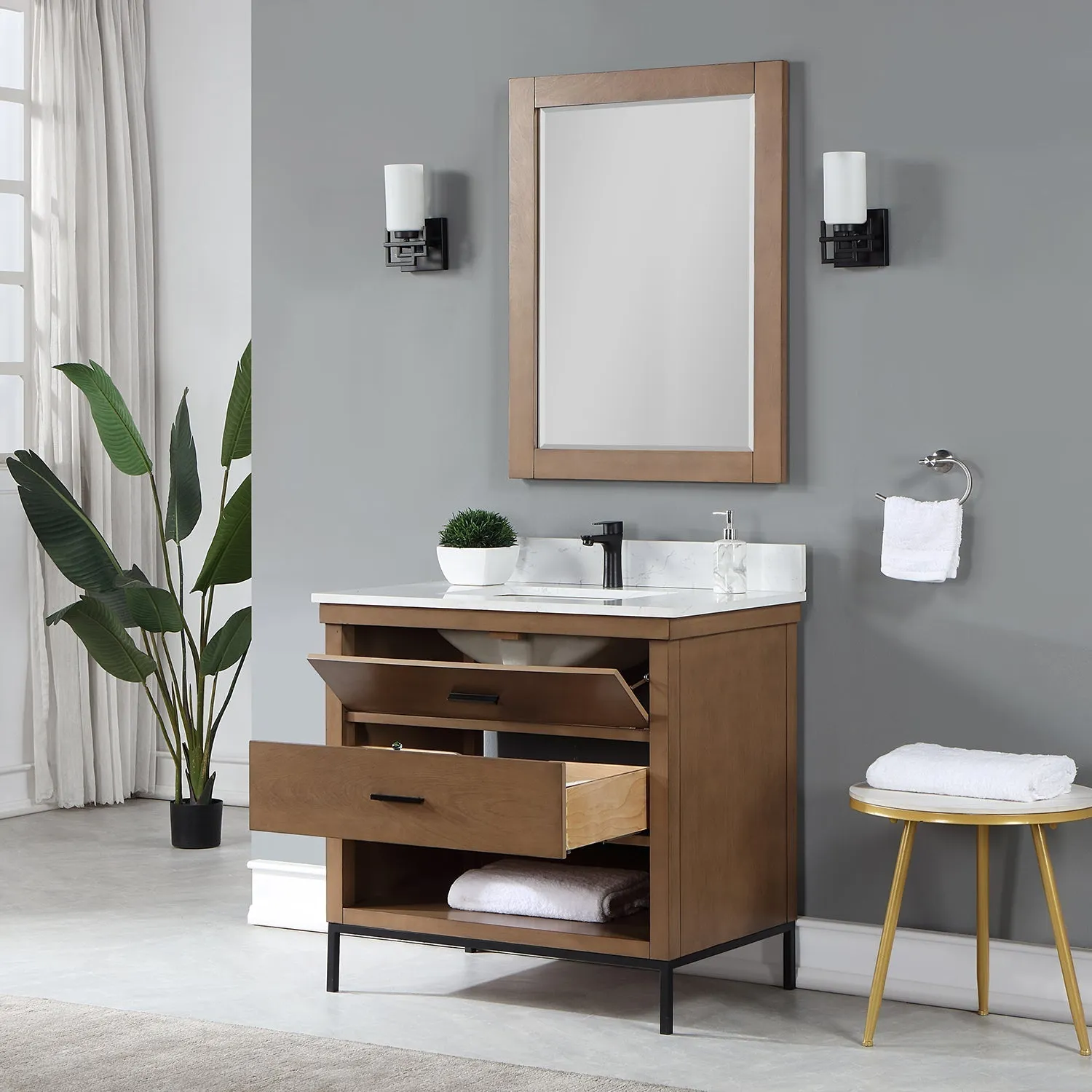 Altair Designs Kesia 36" Single Bathroom Vanity Set with Aosta White Composite Stone Countertop - 545036-WH-AW-NM