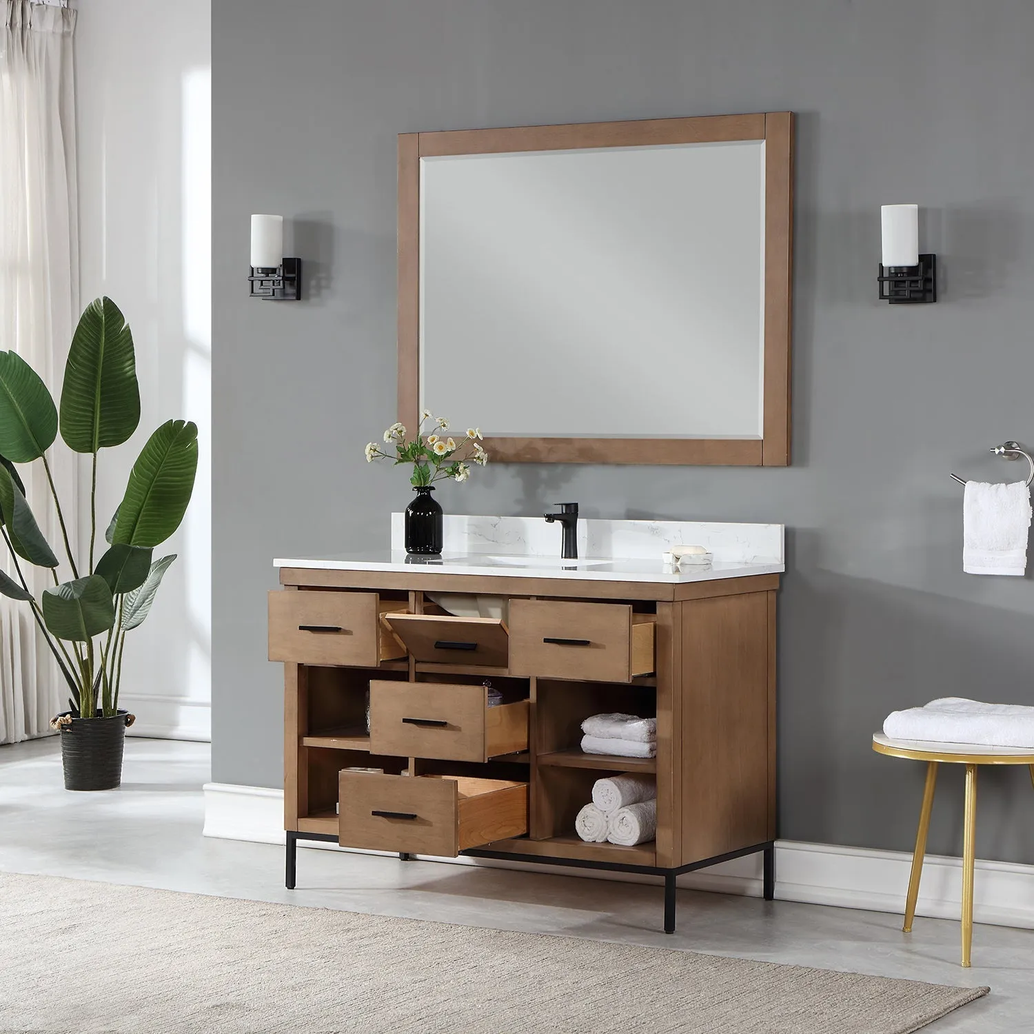 Altair Designs Kesia 48" Single Bathroom Vanity Set with Aosta White Composite Stone Countertop - 545048-WH-AW-NM