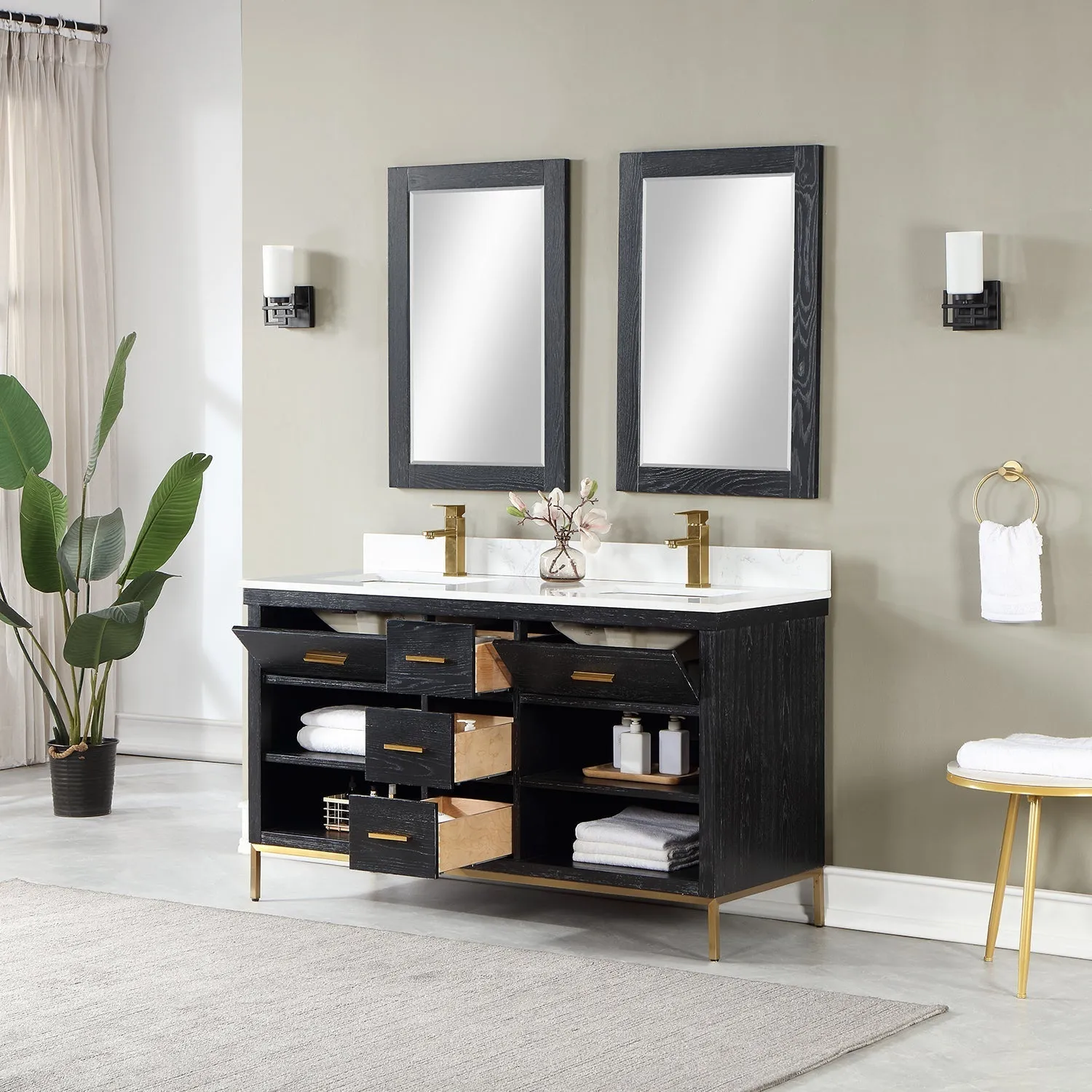 Altair Designs Kesia 60" Double Bathroom Vanity Set with Aosta White Composite Stone Countertop - 545060-WH-AW-NM